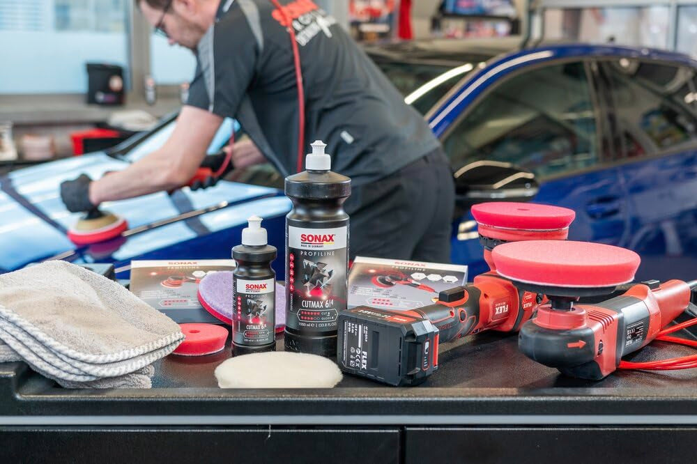 SONAX CutMax Compound 246141 | High-Abrasive Paint Correction Polish for P1500 Grit Sanding Marks | Silicone-Free, Dust-Free, and Odorless | Long Buffing Cycle for Severe Weathered Paint | 250ml