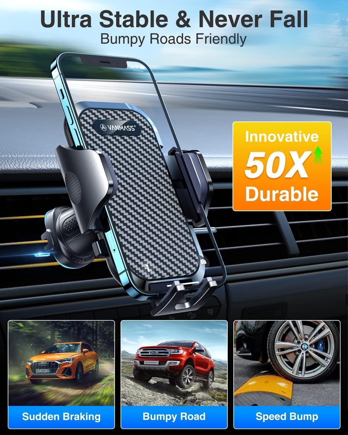 VANMASS 2026 Phone Holders for Your Car Ultimate Military-Grade Car Phone Holder Mount【Patent & Safety Certs】Upgraded Shockproof Truck Air Vent Phone Mount for iPhone 17 Pro Max 16 15 Samsung Android