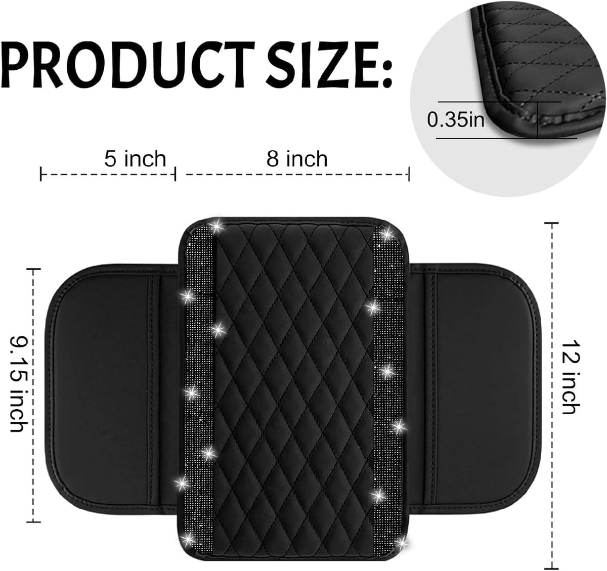 NBTEPEM Bling Car Center Console Cover, Leather Car Arm Rest Cover Cushion with 2 Storage Bags, Middle Console Cover Universal Armrest Protector Pads, Bling Accessories for Most Vehicles (Black)