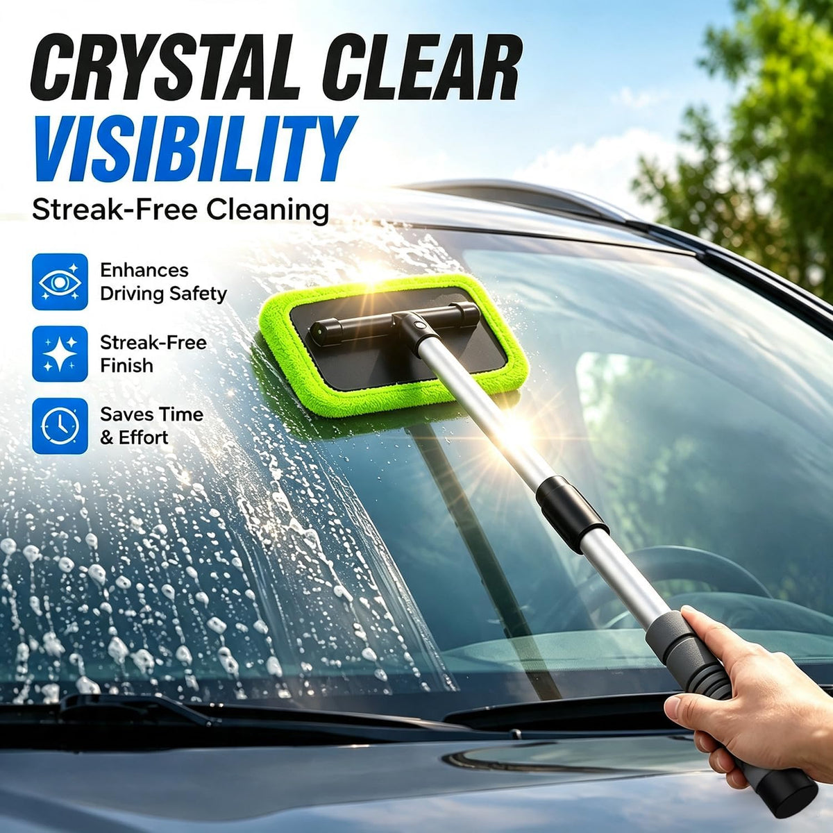 XINDELL Interior Windshield Cleaner Tool – Car Window Cleaning Tool Extendable Handle for Easy Cleaning, 9pcs Reusable Microfiber Pads, Streak-Free Interior & Exterior Auto Glass Cleaner