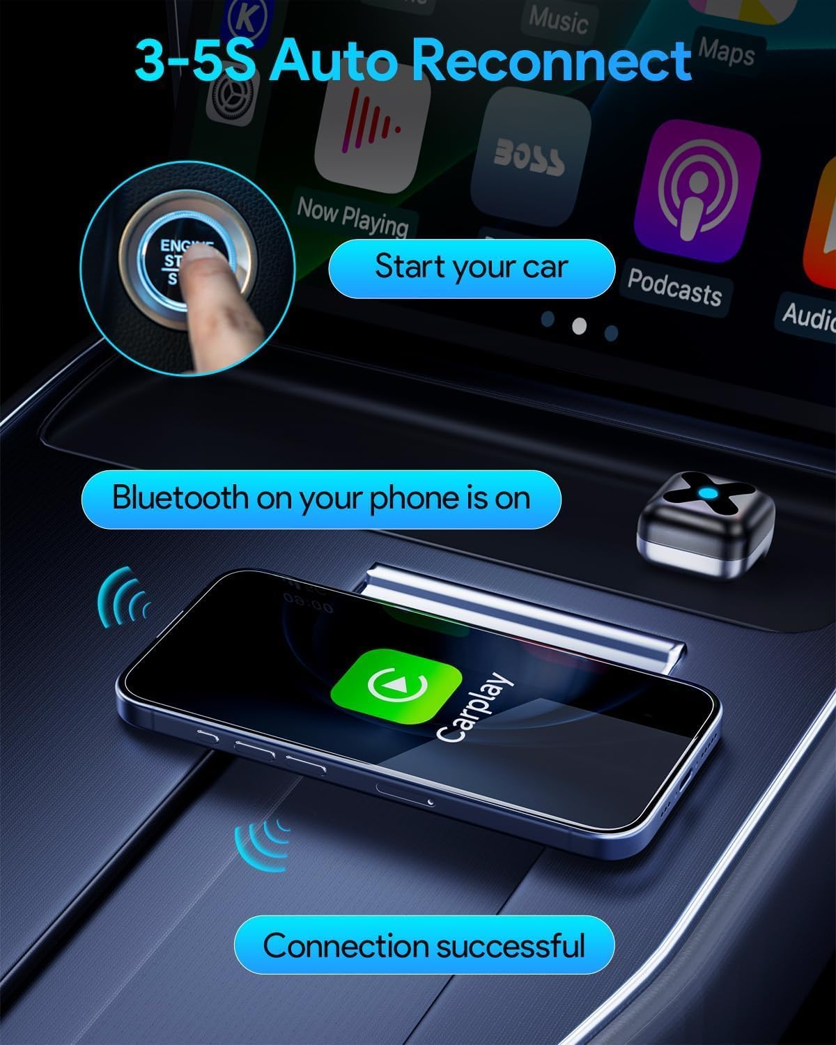 Wireless CarPlay Adapter for iPhone＆Android Auto, 3s Fast Auto-Connect, 5.8GHz WiFi, Bluetooth 5.4, Convert Wired to Wireless, No Delay, USB-C/USB-A/Extension Cable, Compatible with iOS10+/Android 10+