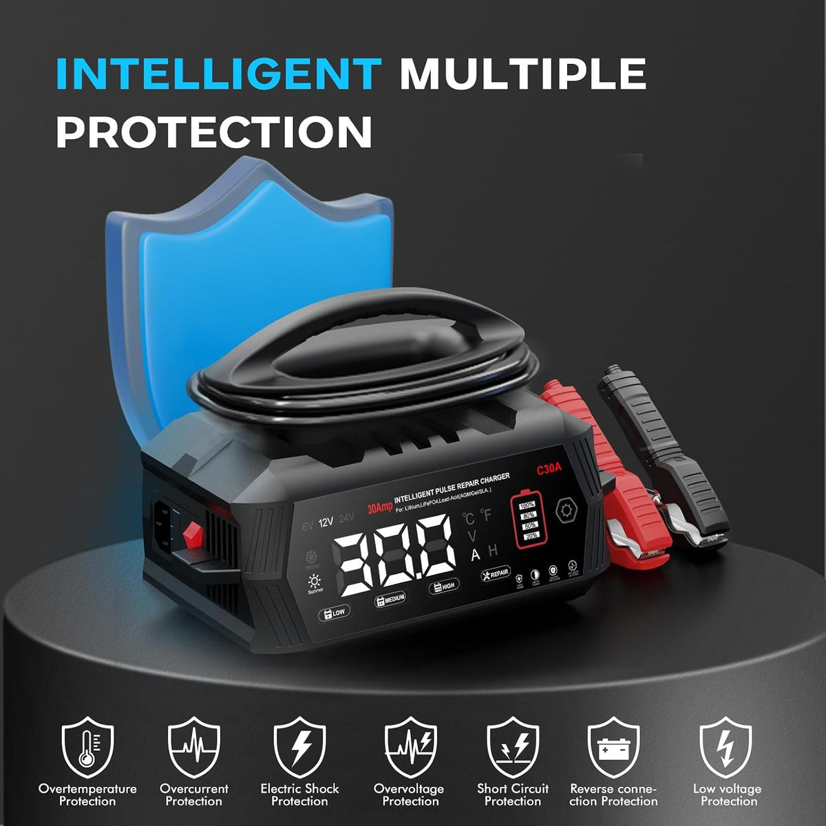 30-Amp Battery Charger for Lithium LiFePo4 Lead Acid Deep Cycle (AGM/Gel), 6V/12V/24V Battery Charger & Maintainer, Trickle Charger for Car Truck Motorcycle Lawn Mower Marine