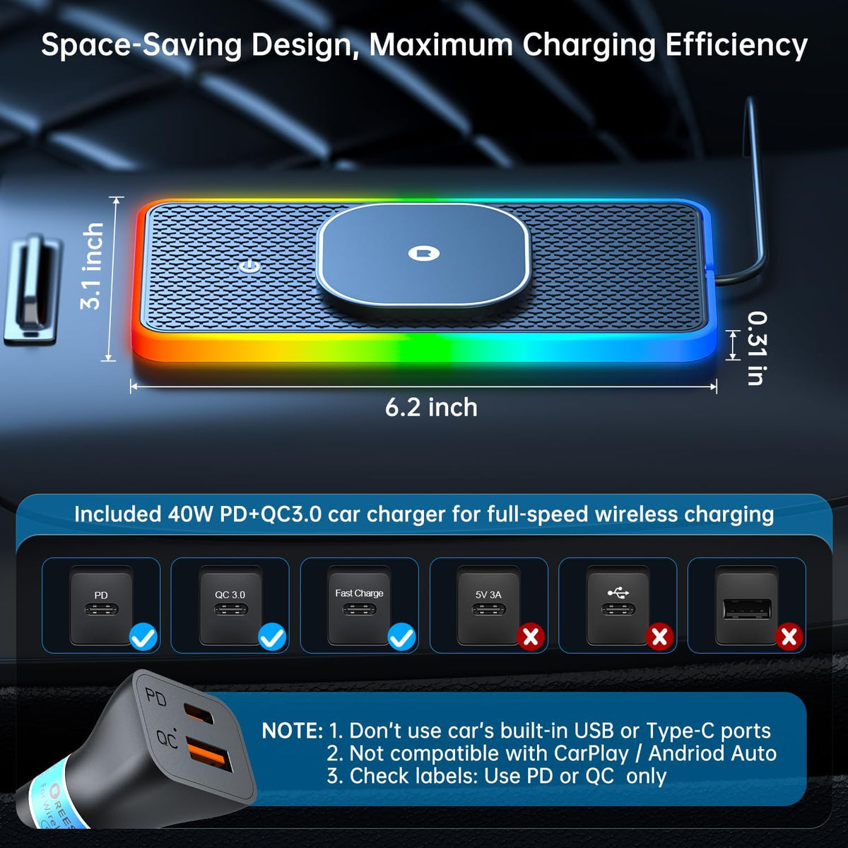 RGB Wireless Car Charging Pad for Magsafe, REESTECQI 15W LED Magnetic Wireless Charger for Car Non Slip Type C Charging Mat with 40W Car Charger Compatible with iPhone Duo, 18-12, Airpods (30CM)