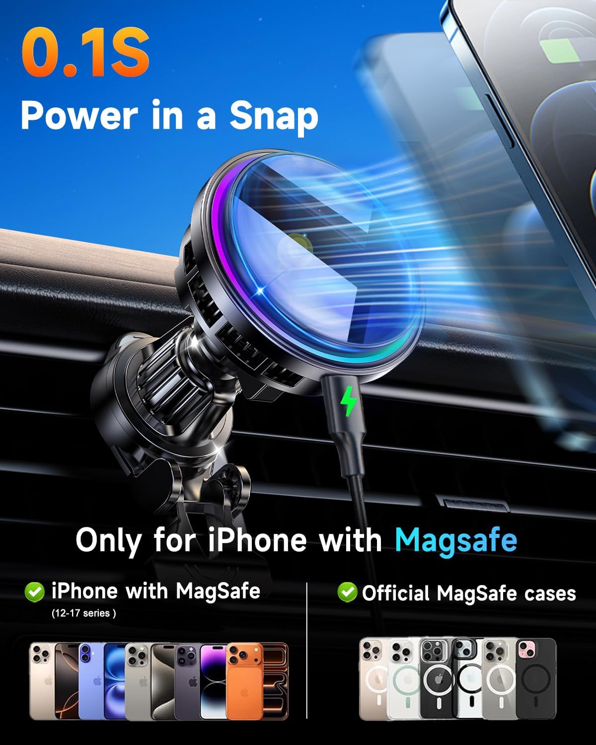 for MagSafe Car Mount Charger TEC Fan Cooling Magnetic Wireless Car Charger