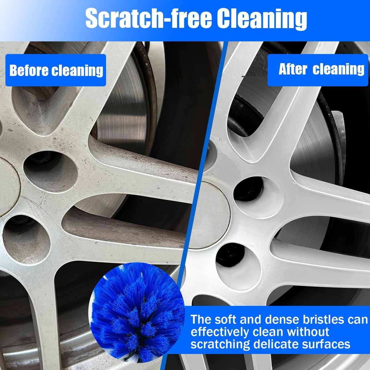 Wheel Brush Kit, Soft Drill Wheel Cleaner Brush, Tire Brush, Detailing Brush, and Detailing Pads, No Scratches Car Wheel Cleaning Kit for Wheels, Tire, Rims, Engines, Exhaust(Blue + White 9 Pk)