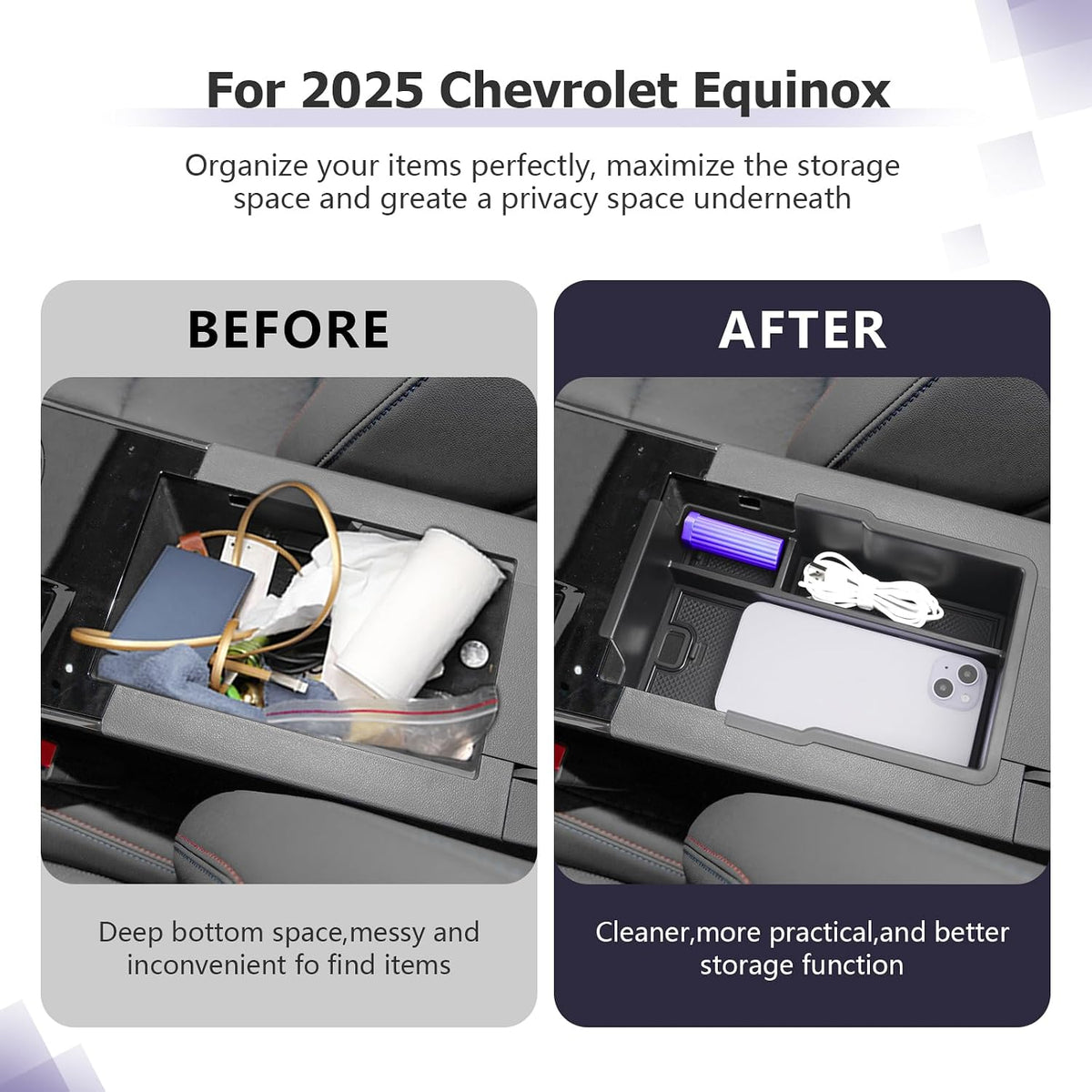 LUWU 2026 2027 Equinox Center Console Organizer Compatible with 2025 2026 2027 Equinox Accessories Center Console Organizer Armrest Console Organizer Armrest Organizer Insert Tray
