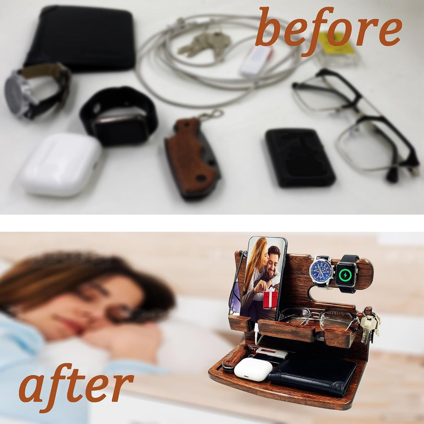 VEIYAILU Gifts for Men Boyfriend Dad Husband Him Wood Phone Docking Station Nightstand Organizer for Men (Walnut)