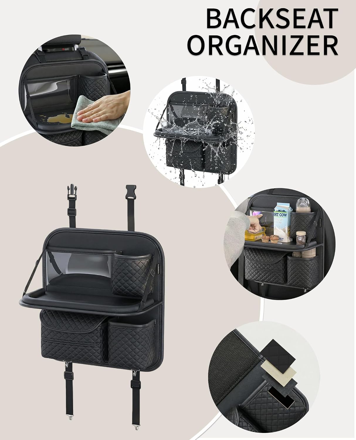 PU Leather Backseat Car Organizer with Foldable Tray & Tablet Holder, Luxury Diamond Stitching Design, Universal Car Seat Storage Organizer for Kids & Family Travel Accessories, Black