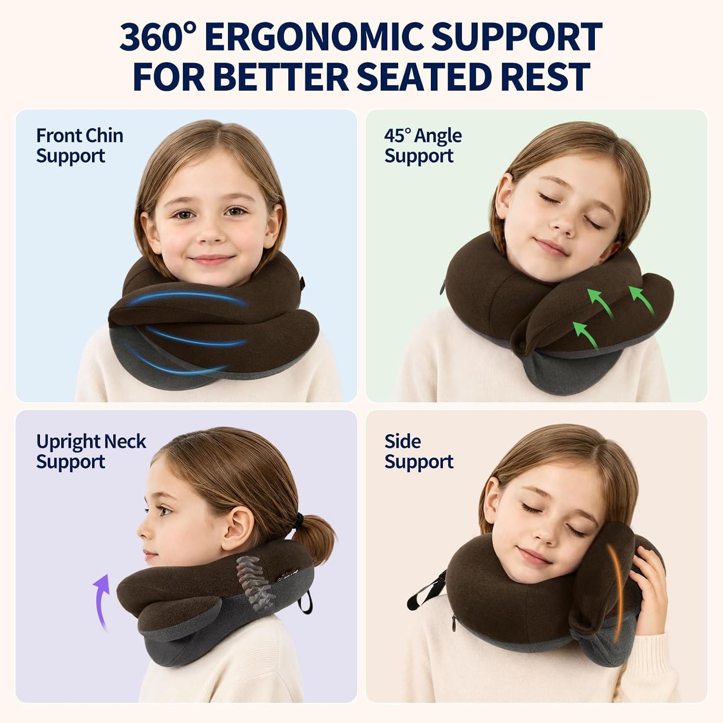 BUYUE Kids Travel Pillows for Airplane, Memory Foam 360° Head Support Sleeping Essentials for Boys Long Flight, Skin-Friendly Soft Neck Pillow for Traveling in Car Seat, (Small, Brown Grey, 40-90 lbs)
