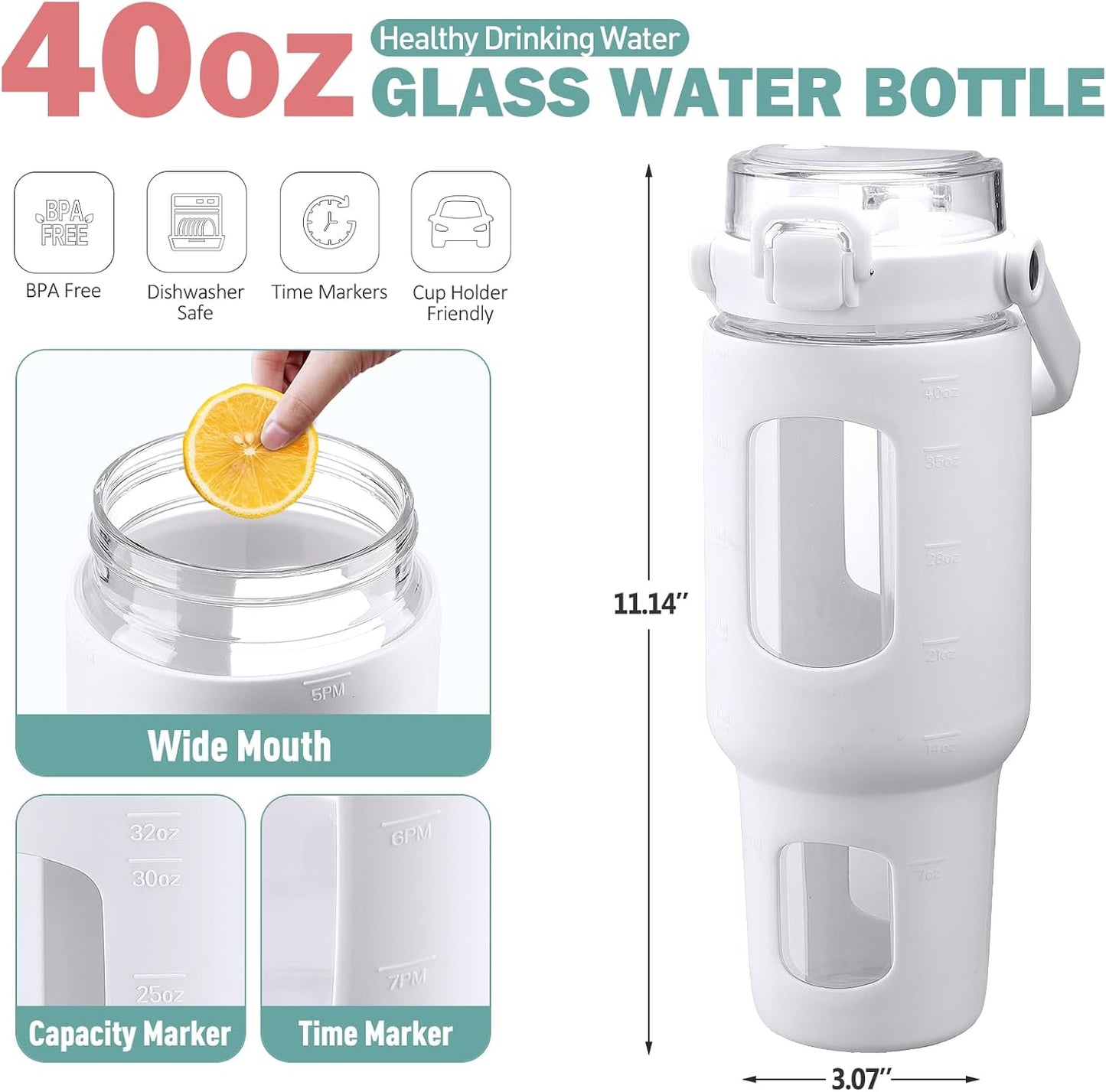 BLUEGO 40 oz Glass Water Bottles with Straw Time Marker, Glass Tumbler with Handle Top Lids, Easy to Clean, Fits in Car Cup Holder, Leakproof Jug for Gym, Sports, Workout & Daily, White