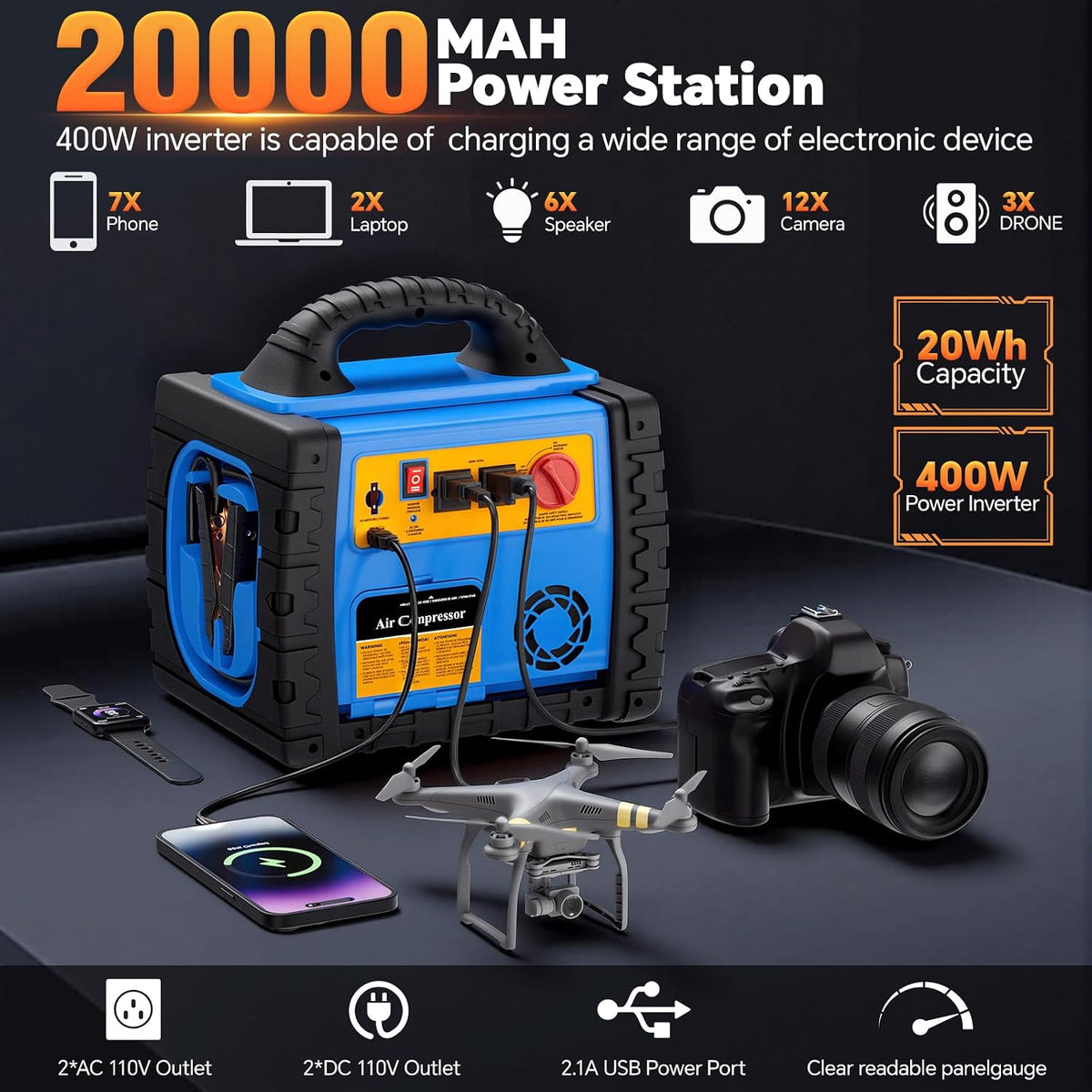 Car Jump Starter with Air Compressor, 1800A Battery Booster Pack for Up to 8.0L Gas & 6.0L Diesel, 150PSI Tire Inflator, 400W Portable Power Station with AC Outlet, 6-in-1 Jump Box for Cars, Trucks
