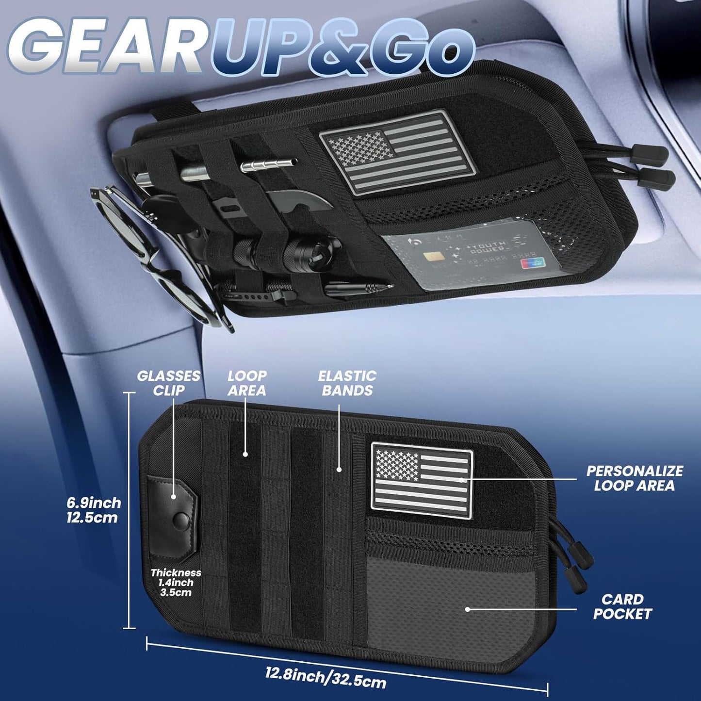 LEPHYON Molle Visor Organizer for Car, 1000D Polyester Tactical Panel Sun Glasses Holder with Zipper Pockets, Adjustable Straps for SUV Truck Pickup Patrol Car Storage (Black)