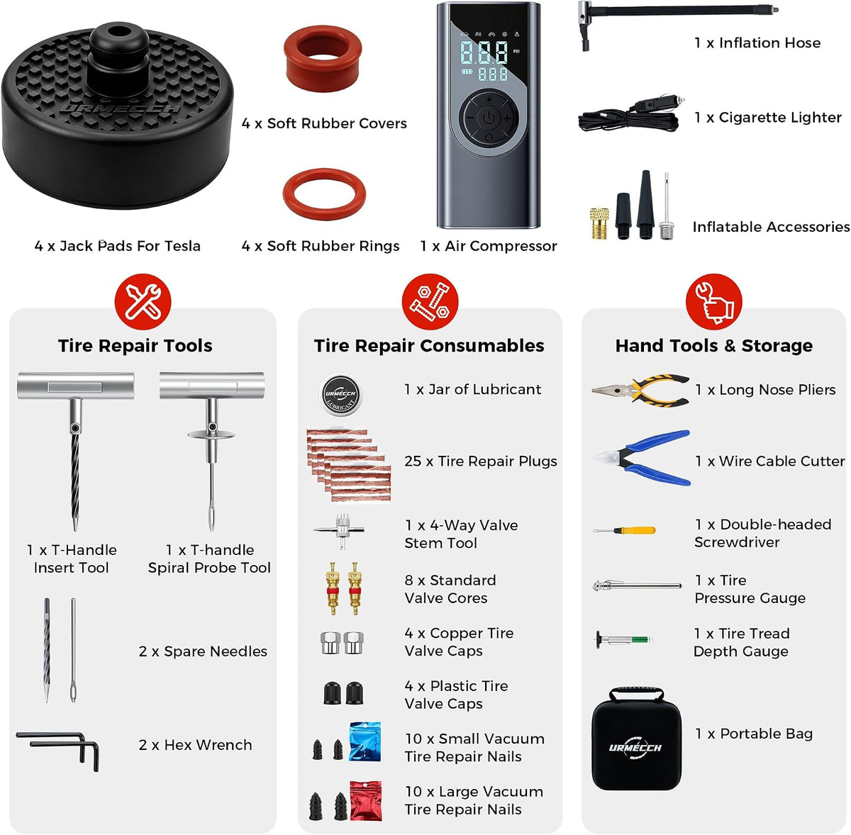 for Tesla Model Y/3/S/X Jack Pads with Flat Tire Repair Kit & Portable Air Compressor, Emergency Roadside Puncture Plug Set Car Fast Repair & Inflation - Heavy Duty Tools with Storage Case