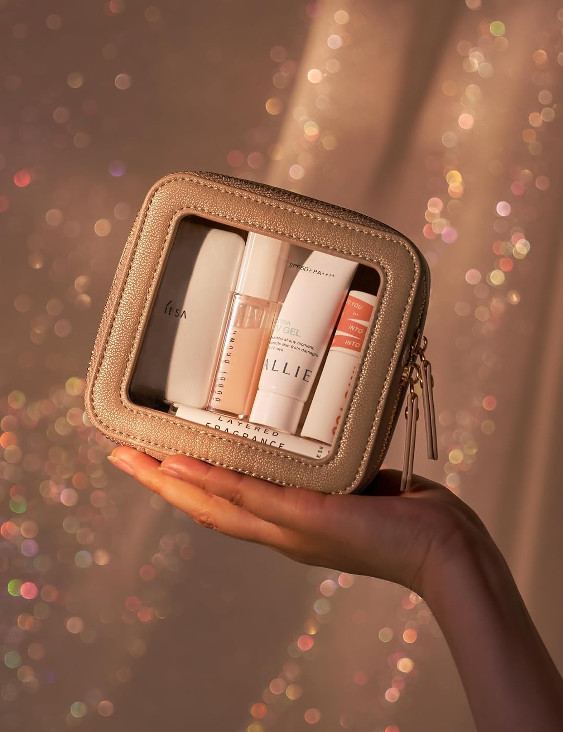 Popvibe Small Makeup Pouch Clear Makeup Bag for Purse Travel Mini Bag for Women for Essentials Cute Cosmetic Case Traveling Small Toiletry Bag Portable Mini Pouch for Car Organizer Bag Gold