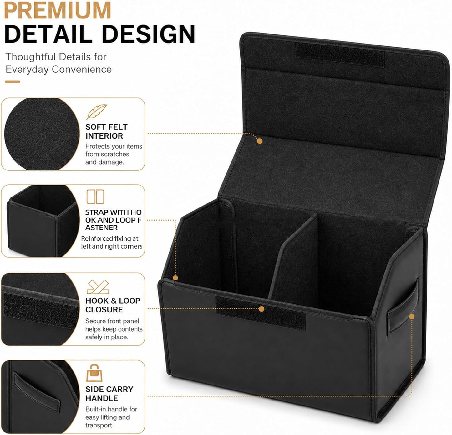 Car Trunk Organizer, Foldable Cargo Storage Box with Hook-and-Loop Lid, Suede & Faux Leather Trunk Organizer for SUV Sedan Truck, Adjustable Divider, Handles, Black, 19.7inches
