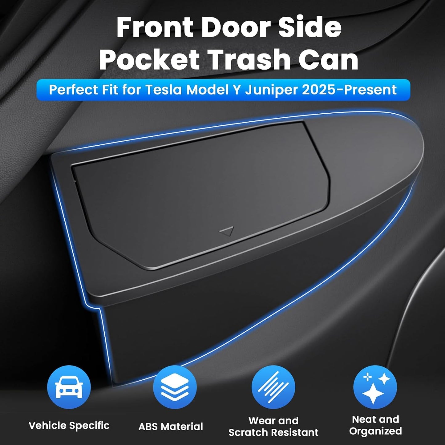 Canvcle Front Door Trash Can for 2025 2026 New Tesla Model Y Juniper Accessories, Door Side Storage Box Organizer Front Seat Door Garbage Bin with Push-Open Lid, Hidden Storage Organizer Black 2PCS