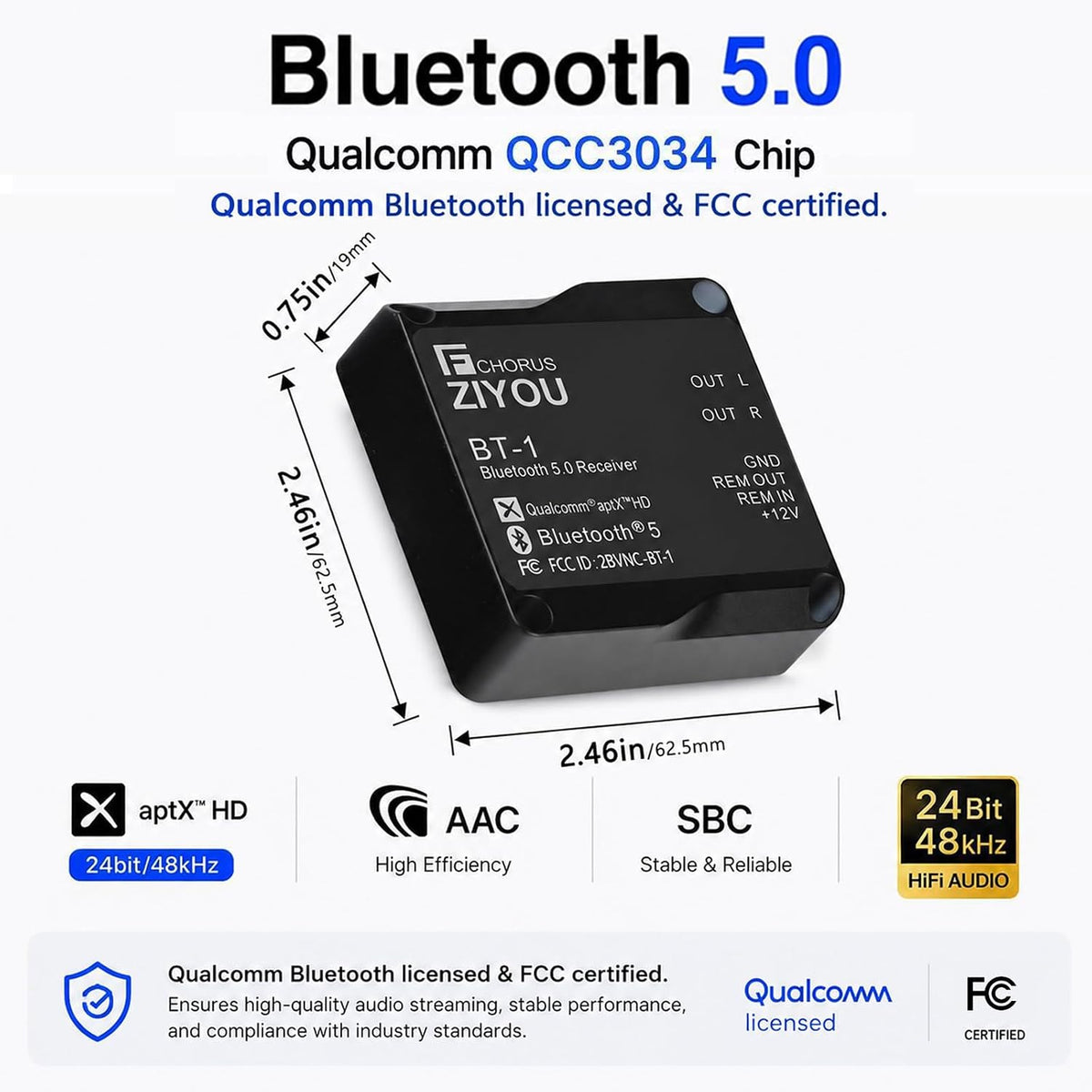 BT-1 IPX7 Bluetooth Receiver aptX HD Dual RCA Marine Vehicles