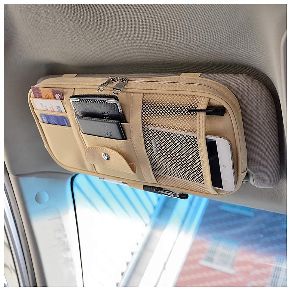 Car Sun Visor Organizer Bag,PU leather Universal Auto Interior Accessories Pocket Organizer,Multi-Function Registration and Document Holder Pouch,Sunglasses Ticket Documents Pen Card Holder (Black)