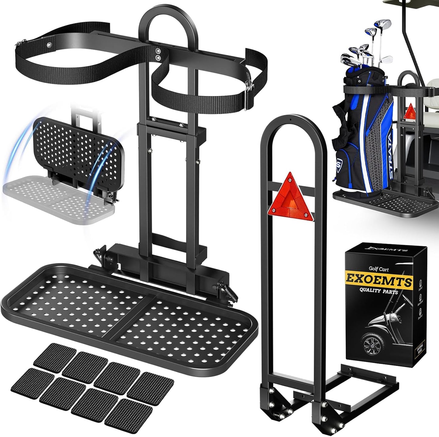 Universal Golf Cart Bag Holder & Grab Bar Combo, Foldable Golf Cart Rear Seat Bag Holder Rack & Safety Bar for Club Car EZGO Yamaha with Metal Pedal, Space-Saving, Convenience, Security, Easy Install