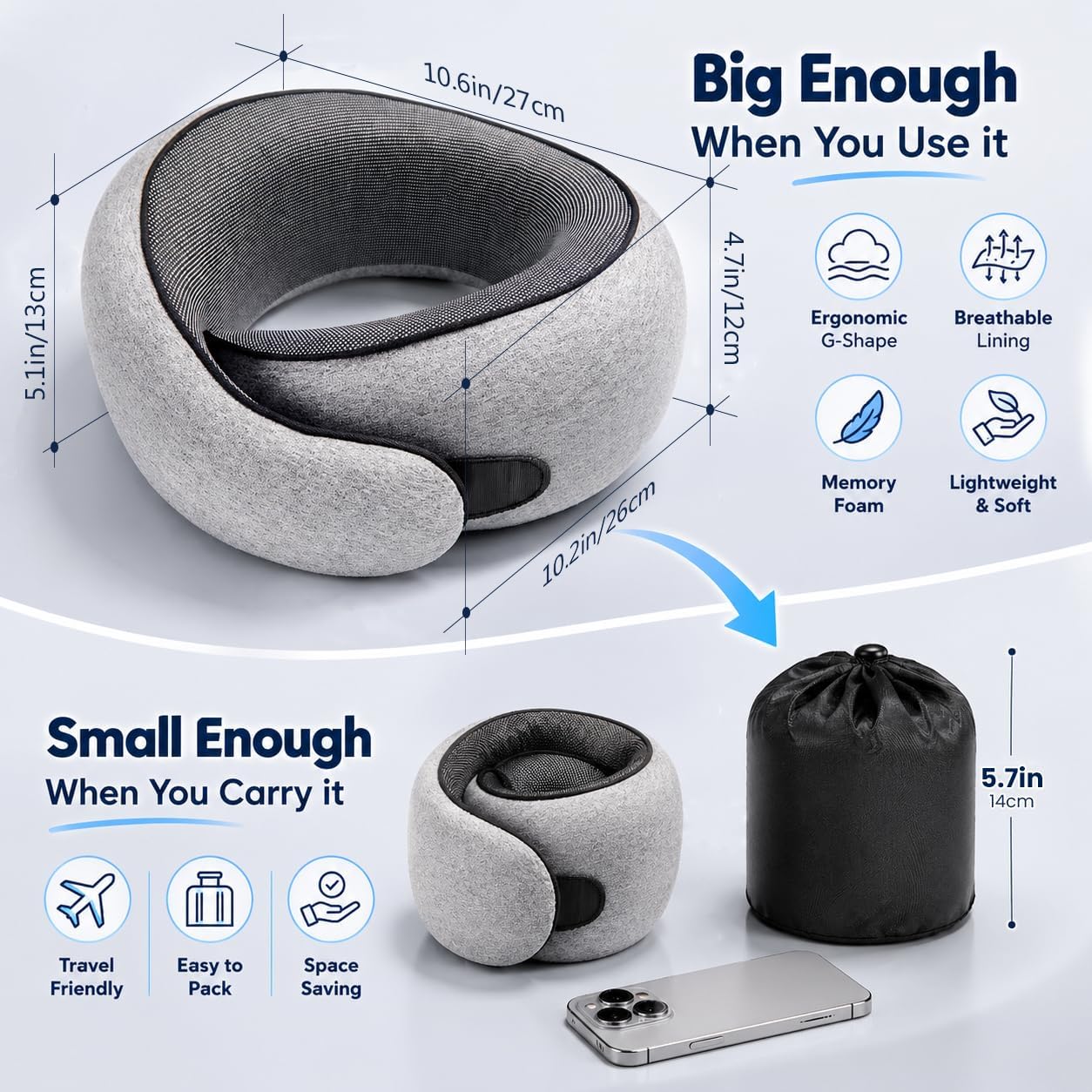 Purroch G-Shape Memory Foam Travel Neck Pillow - 100% Pure Foam Ergonomic Support with Eye Mask & Ear Plugs for Airplane Flights, Car Trips & Office Naps, Medium Gray