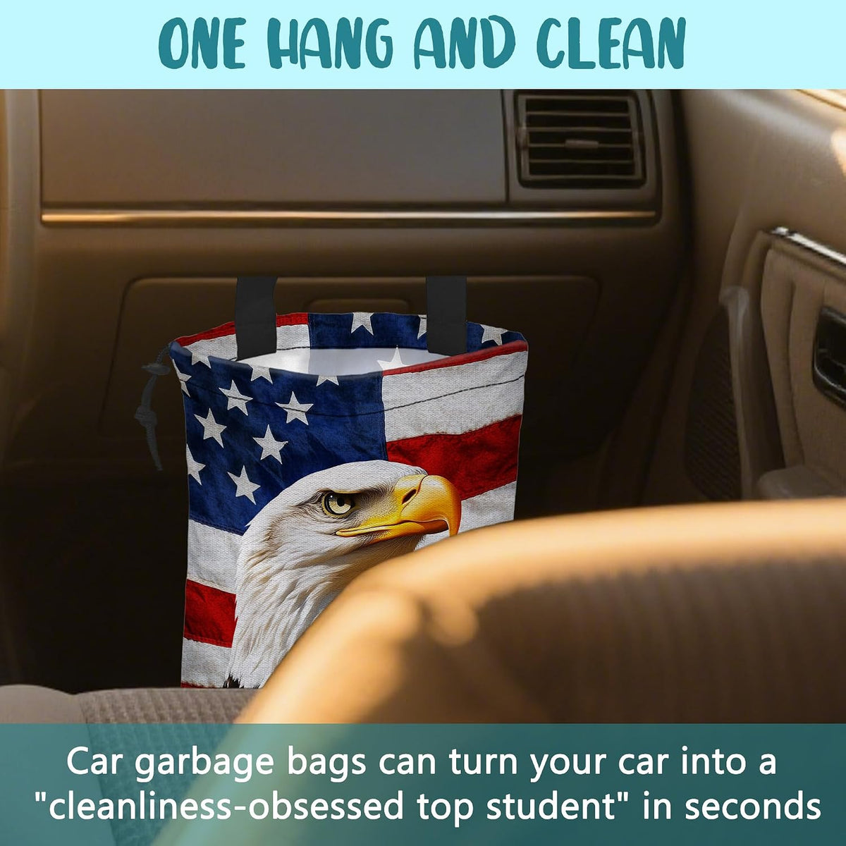 Car Trash Bag American Flag and Eagle Leak-Proof Car Garbage Bag with Drawstring Foldable Canvas Trash Bin with Adjustable Buckle for Car Accessories, Travelling, Camping