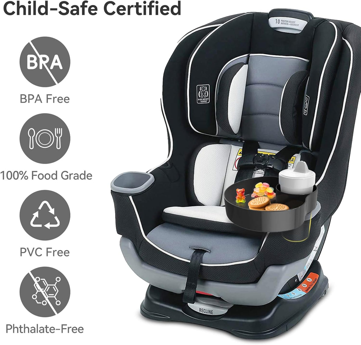 Car Seat Cup Holder Snack Tray Black, Toddler Travel & Road Trip Essentials Accessory for Mess-Free Snacking in the Car,Travel Tray for Kids Car Seat