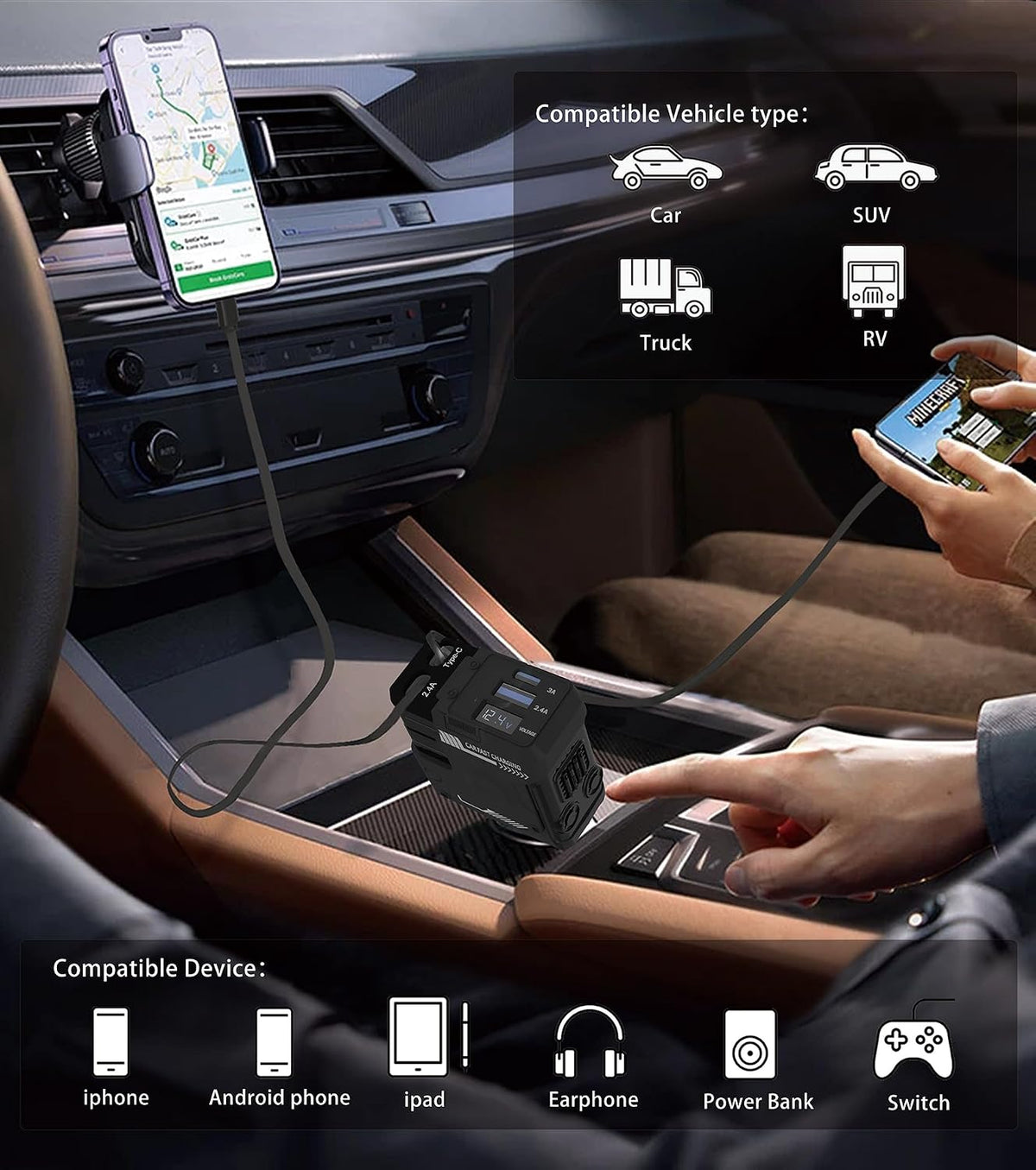 Retractable Car Charger, 4 in 1 66W Fast Charging USB C Car Charger