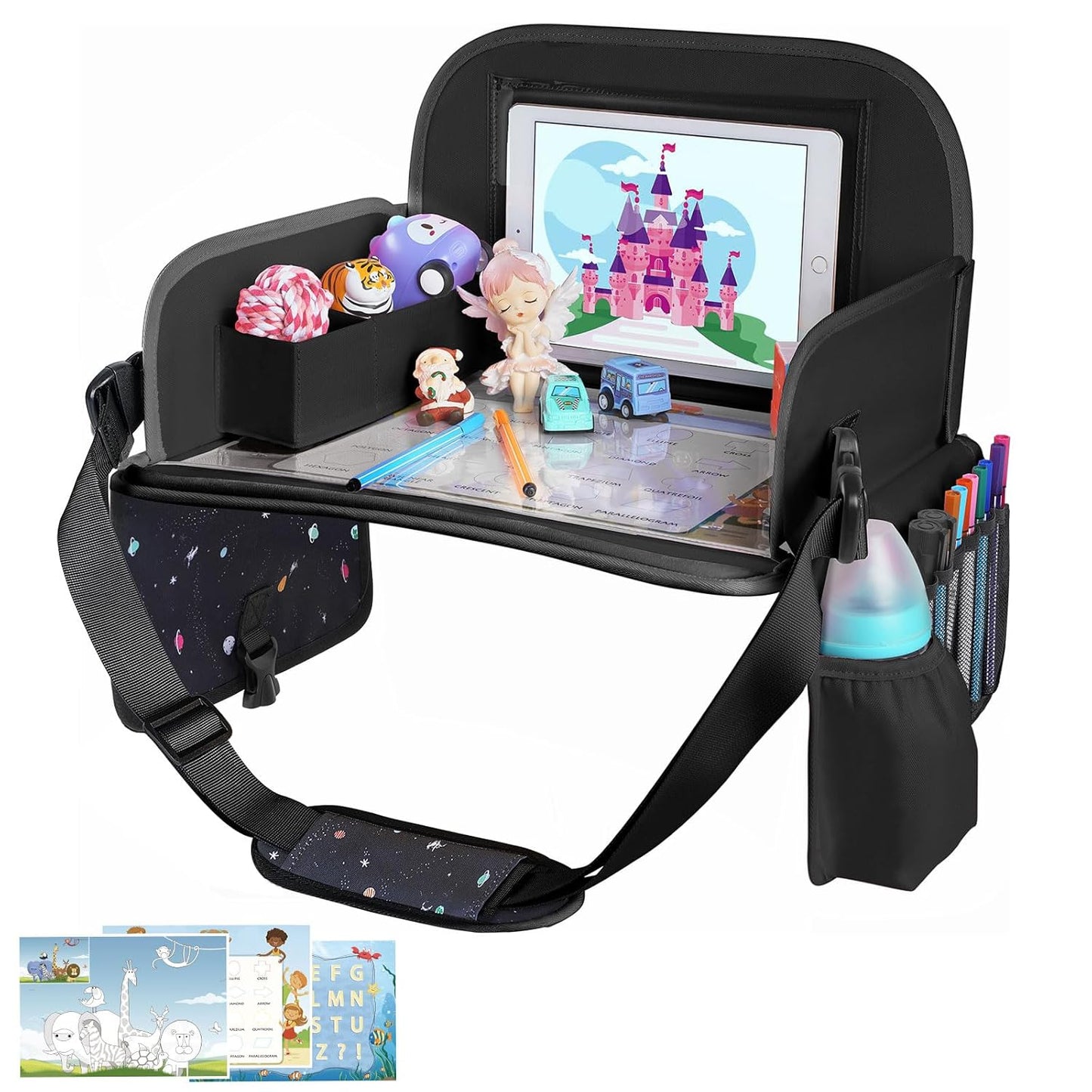 MENZOKE Kids Travel Tray, Car Seat Tray for Kids Travel, Toddler Essentials | Road Trip Activities Accessories with Tablet Holder, Cooler Cup Holder, Dry Erase Board & Storage Pocket for Airplane, Blue