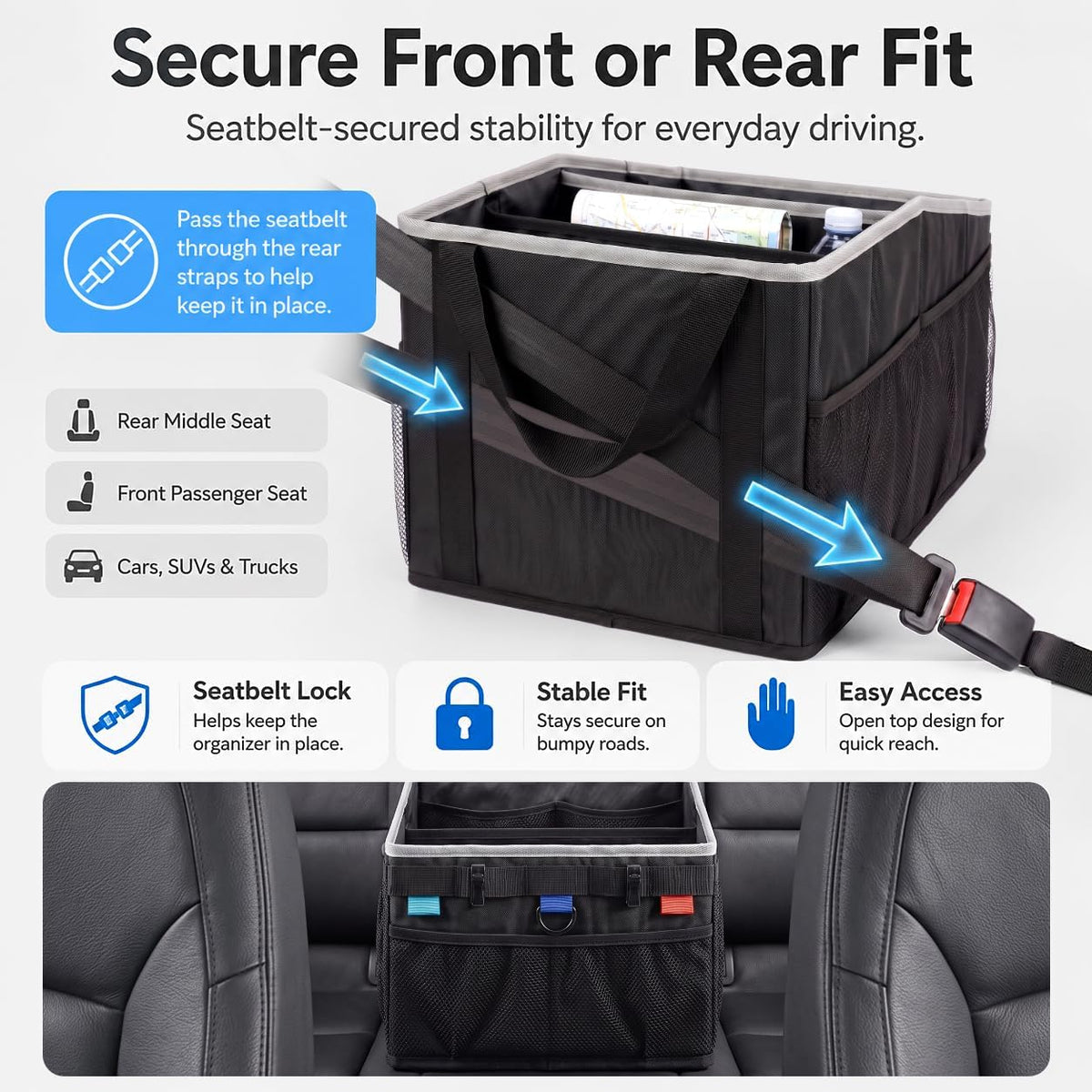 Car Seat Organizer Front/Back with Tactical Hooks & Cup Holders