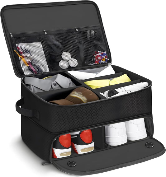 Golf Trunk Organizer 2 Layer with Separate Compartment for 2 Pair of Shoes, Golf Bag Storage for Car, Waterproof,Trunk Locker for Balls, Tees,Gloves