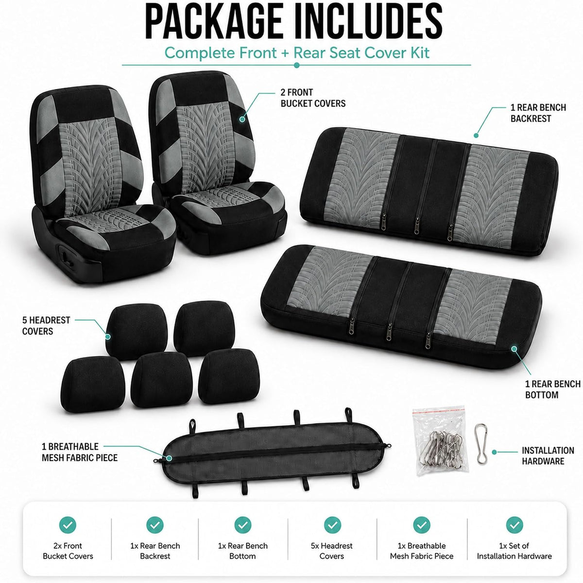 FH Group Full Set Travel Master Car Seat Covers, Airbag and Split Rear Car Seat Cover Universal Fit Interior Accessories for Cars Trucks SUV, Automotive Seat Covers, Gray
