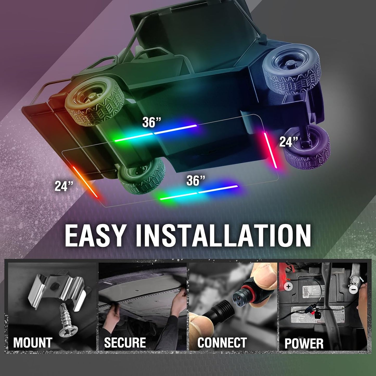OPT7 Aura DreamColor 12V Golf Cart Underglow Chasing Light w/APP & Remote | Waterproof Rigid Aluminum Case, RGB-IC LED Bar, Sound Sync Lighting, Outdoor Accent Lights, EZGO Yamaha Club Car Accessories