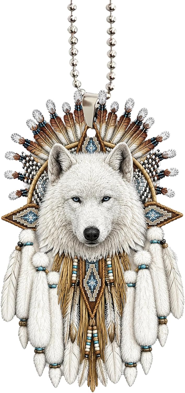 Talataca Native American Indigenous Us Indian Dreamcatcher White Wolf 2D Flat Car Rear View Mirror Accessories Christmas Tree Ornament Decoration Hanging Charm Interior Rearview Pendant Decor Gift