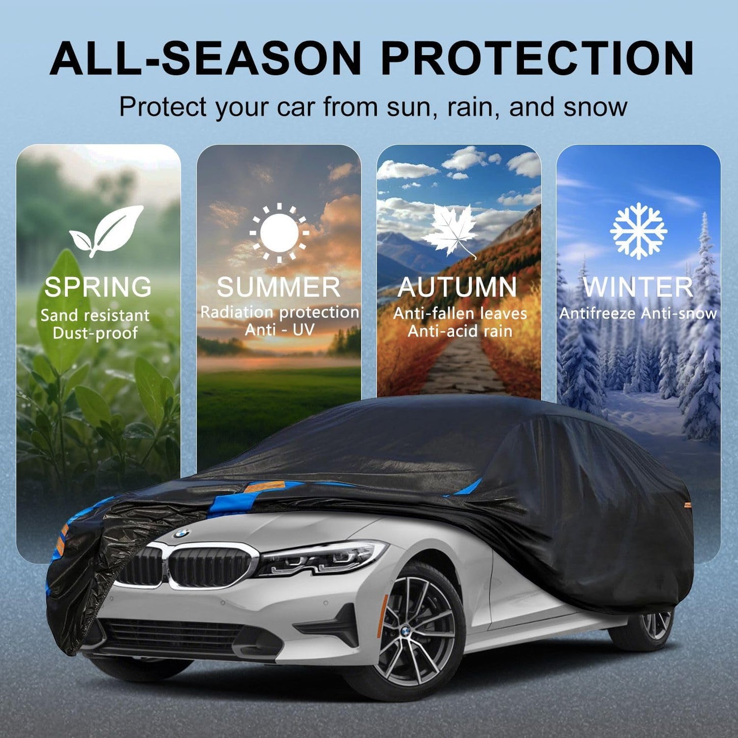 Car Cover Waterproof All Weather for Automobiles, Full Exterior Covers for Sedan &amp; Coupe (186-193 inch) Universal Fit for Ford Mustang, Chevy Camaro Corvette etc. Rain Sun Snow Protection.