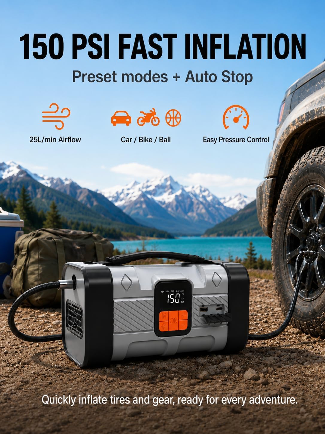 Jump Starter with Air Compressor, 1600A Car Battery Jump Starter, 150PSI Portable Tire Inflator with Auto Shut-Off, 24000mAh Power Bank with 100W Two-Way USB-C, 3-Mode LED Roadside Emergency Kit