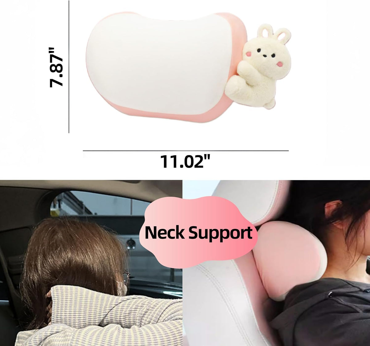 Car Headrest Pillow 2PCS Bear or Bunny Car Seat Neck Pillow Car Decor Memory Foam Neck Support Cushions for Comfortable Driving, Easy Install &amp; Washable (Pink)