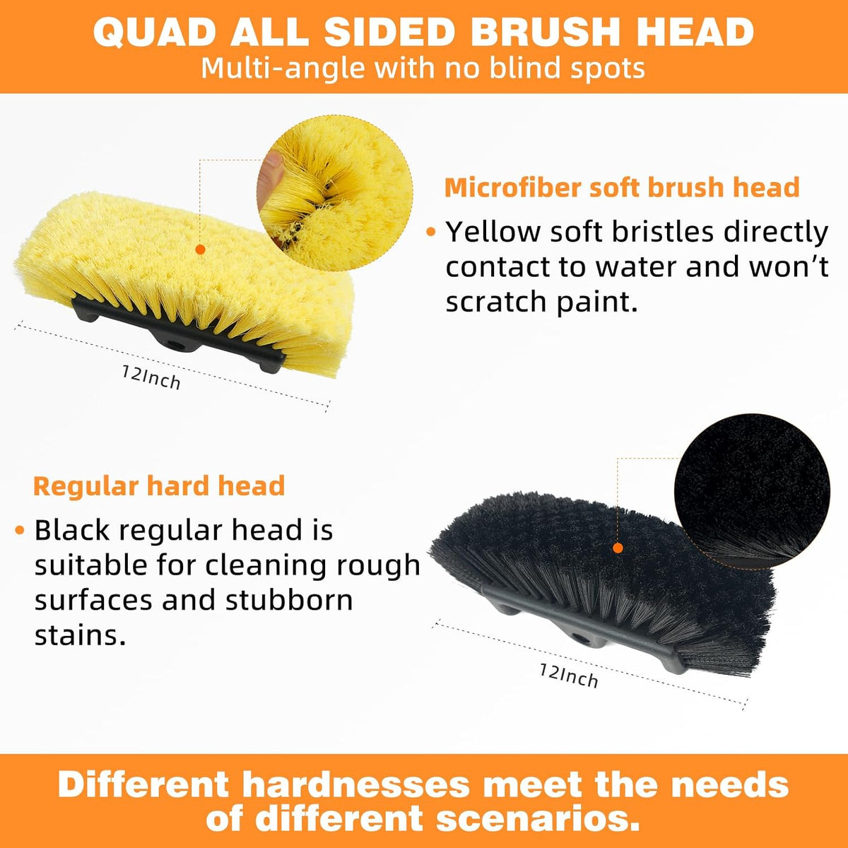 12FT Car Wash Brush with Long Handle Telescoping Extension Pole Angle Adapter with 12" Soft and Hard Bristle Scratch-Free for Cleaning Car Truck RV House Floor Window Roof Solar Panels
