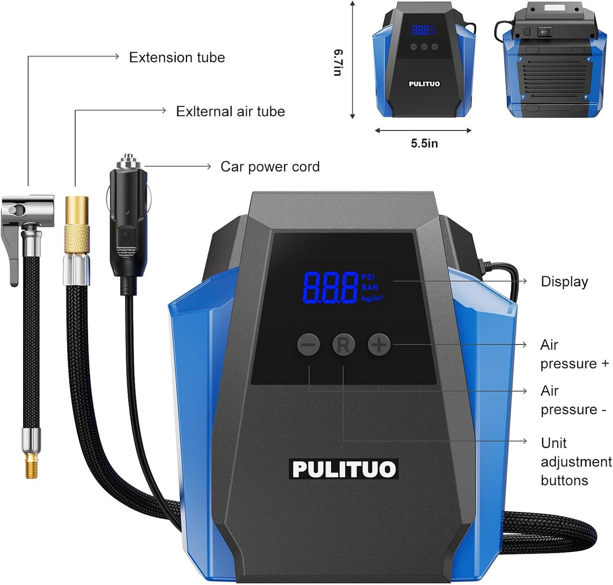PULITUO 12V DC Tire Inflator - Portable Air Compressor 35L/min, 150 PSI Car Tire Pump with Auto Shut Off, Digital Pressure Gauge and LED Light, Blue