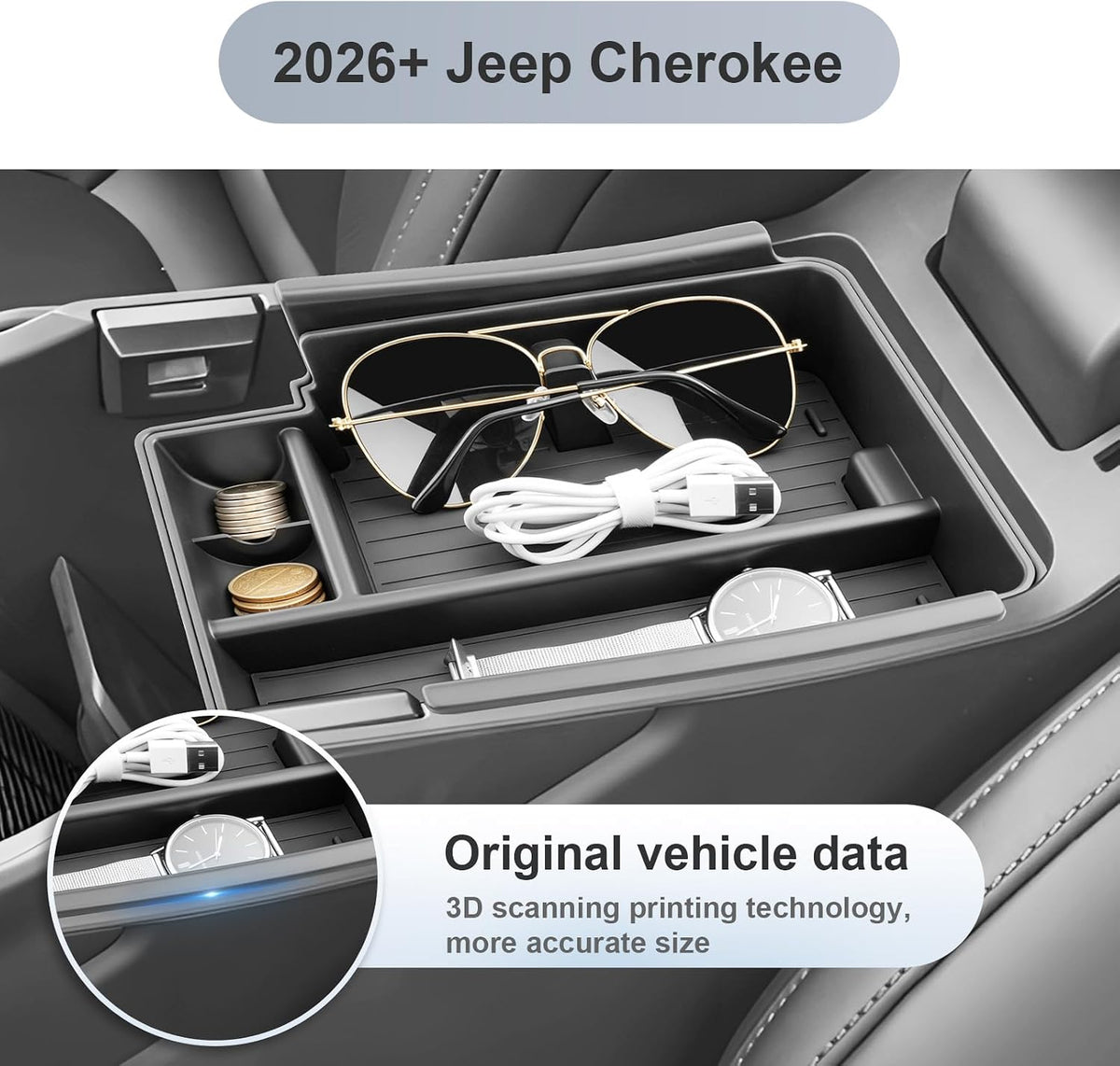 SKTU 2Pack for 2026 Jeep Cherokee Center Console Organizer 2026+ Cherokee (Base/Laredo/Limited/Overland) Double Layers Console Tray Jeep Cherokee 2026 Accessories Tray with Sunglasses and Coin Holder