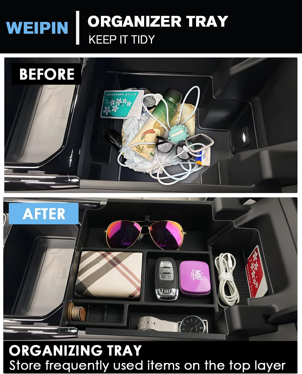 For 2PCS Double Layer Center Console Upper&Lower Armrest Organizer Compatible with 2024-2026 Chevy Silverado EV&GMC Sierra EV Armrest Storage Box Console Organizer - Easy to Install&Lift Handle Design
