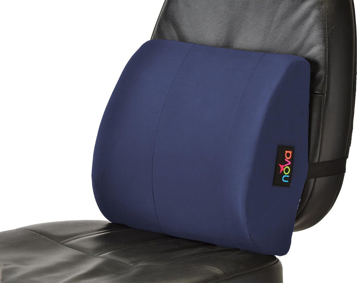 nova Lumbar Back Support Cushion – Contoured High-Density Foam Back Pillow for Office Chair, Car, Plane & Wheelchair – Adjustable Strap, Removable Washable Cover, Navy Blue (14” x 13”)