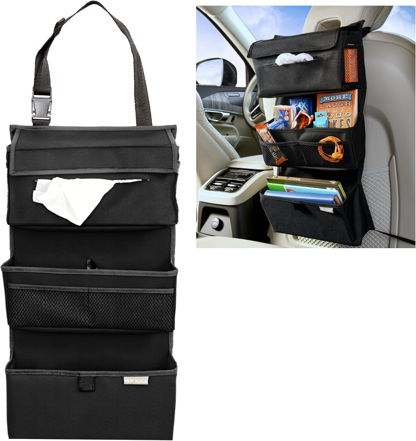 High Road Storage Organizer with Car Tissue Box Holder and Multipurpose Pockets - Back of the Seat or Front Seat Organizer for Driving Essentials - Slim and Compact Car Storage for All Vehicles
