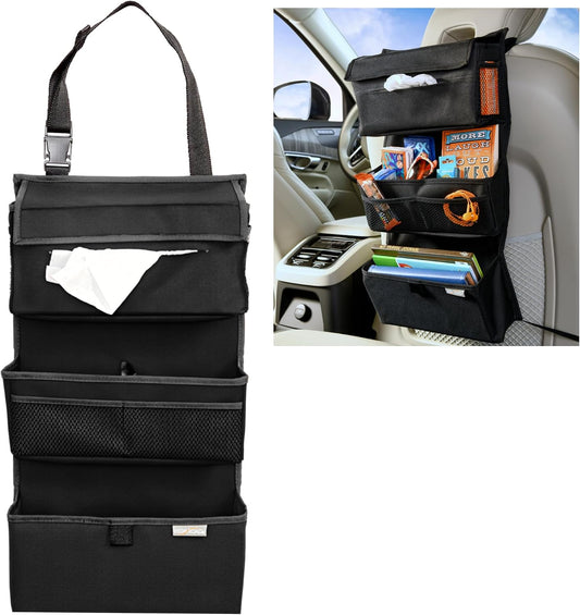 High Road Storage Organizer with Car Tissue Box Holder and Multipurpose Pockets - Back of the Seat or Front Seat Organizer for Driving Essentials - Slim and Compact Car Storage for All Vehicles