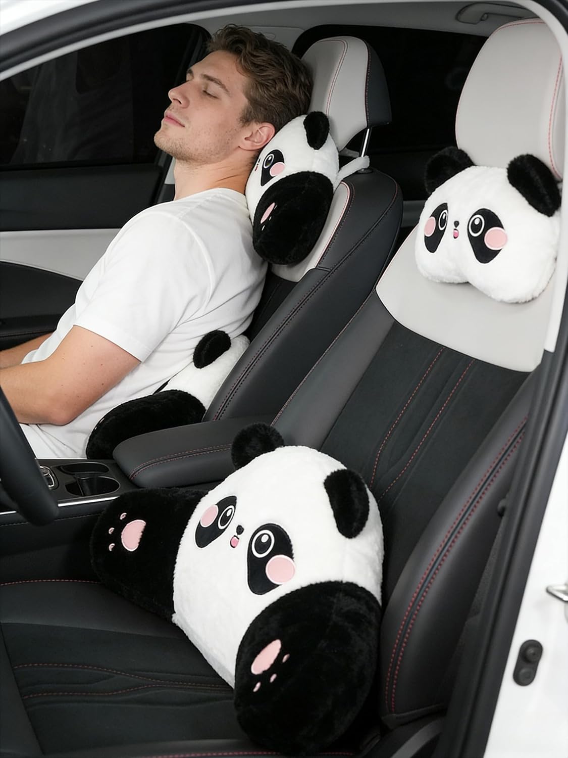Cute Panda Car Pillow – Plush Neck Support & Lumbar Cushion, Soft Rabbit Fur Material for Headrest & Back Seat Comfort(Set of 2)