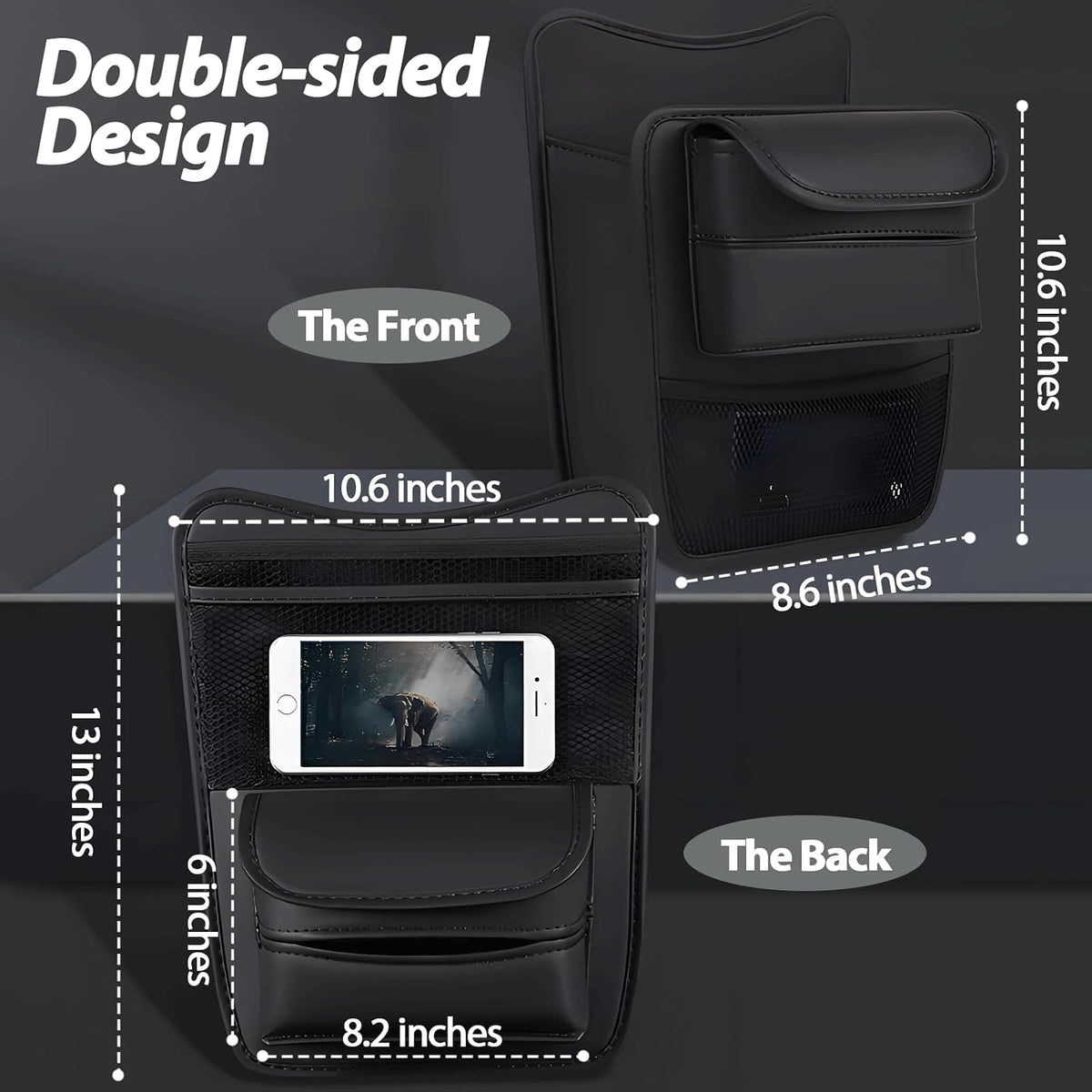 Car Organizer Storage Between Seats, Premium Leather Car Storage Bag Pocket Handbags Purse Holder with Tissue Box, Touch Screen Phone Holder, Console Front Seat Storage Barrier (Black)
