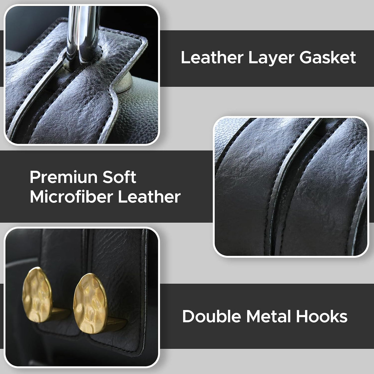 Leather Car Purse Hook for Headrest, 2 Pack, Black-Gold