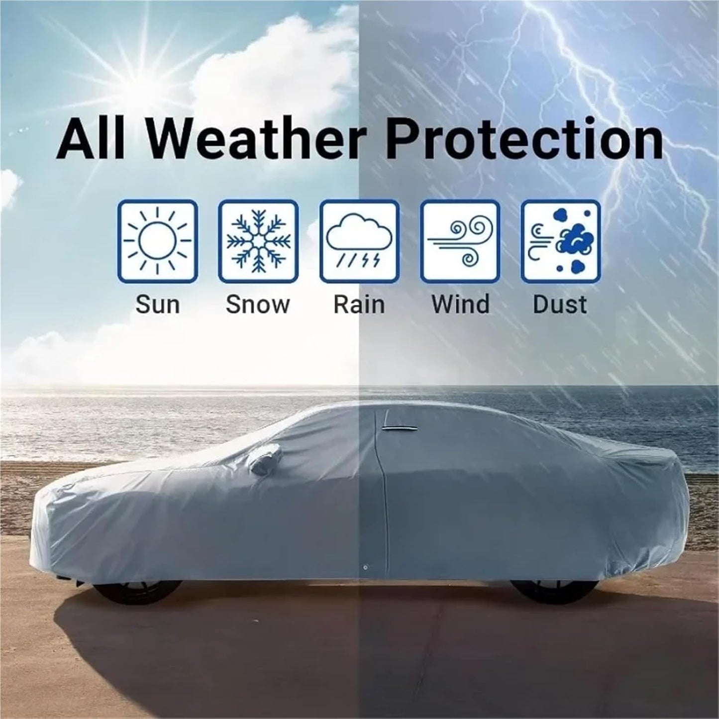 6 Layers Car Cover, 184-196 inch | Waterproof All Weather, Outdoor Full Cover, Rain Sun UV Protection, Zipper Cotton, Universal Fit for Sedan