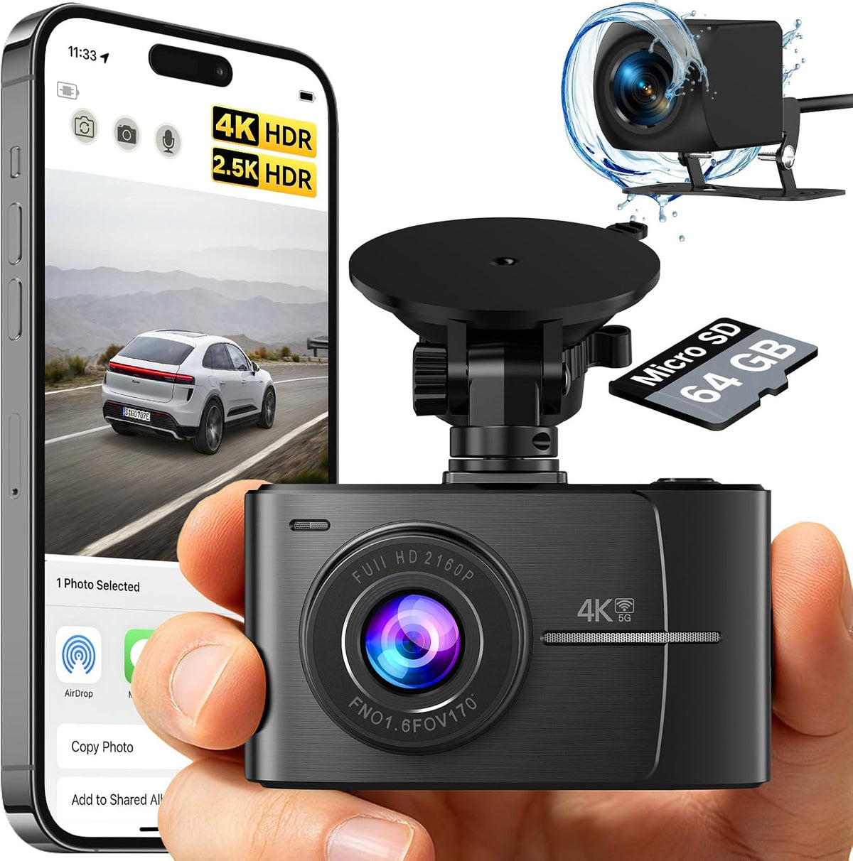 4K+2.5K Dual Dash Cam Front and Rear with 64GB Card