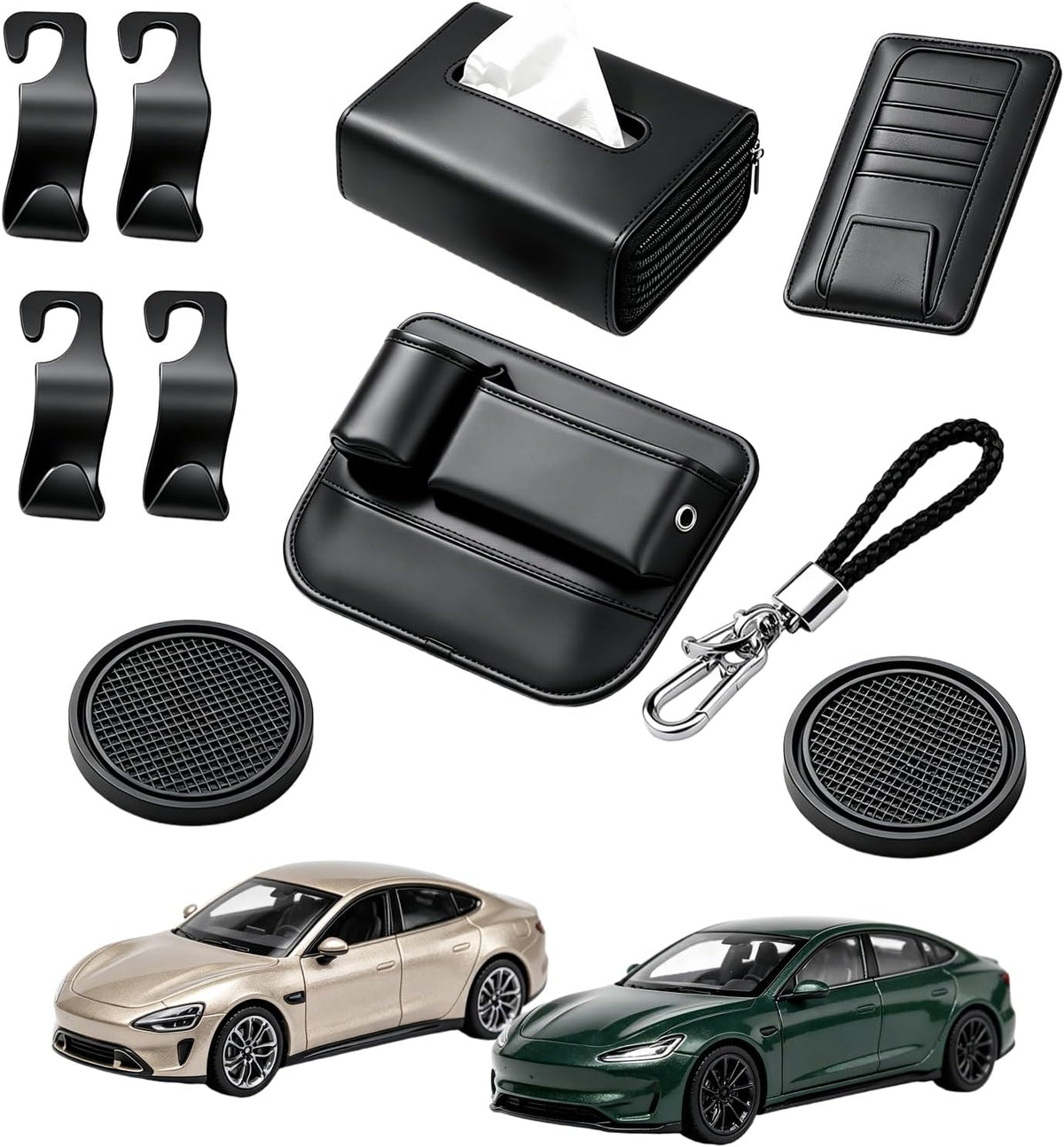 10 PCS Car Interior Organizer Accessories Set, Car Storage Kit with Seat Gap Organizer, Tissue Holder, Sun Visor Card Clip, Headrest Hooks, Cup Coasters & Keychain for Cars, SUVs (10-Pcs)