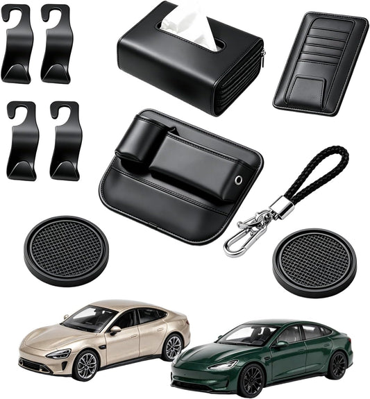 10 PCS Car Interior Organizer Accessories Set, Car Storage Kit with Seat Gap Organizer, Tissue Holder, Sun Visor Card Clip, Headrest Hooks, Cup Coasters & Keychain for Cars, SUVs (10-Pcs)